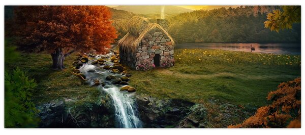 Tablou cu căbănuță în peisaj de poveste (120x50 cm)