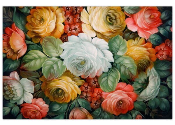Tablou cu buchet pictat de flori (90x60 cm)