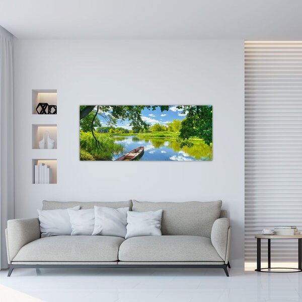 Tablou cu râu de vară și barcă (120x50 cm)