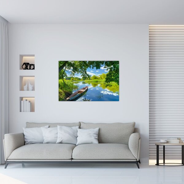 Tablou cu râu de vară și barcă (90x60 cm)