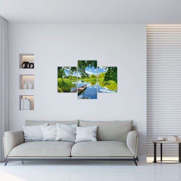 Tablou cu râu de vară și barcă (90x60 cm)