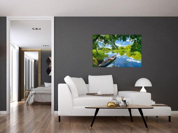 Tablou cu râu de vară și barcă (90x60 cm)
