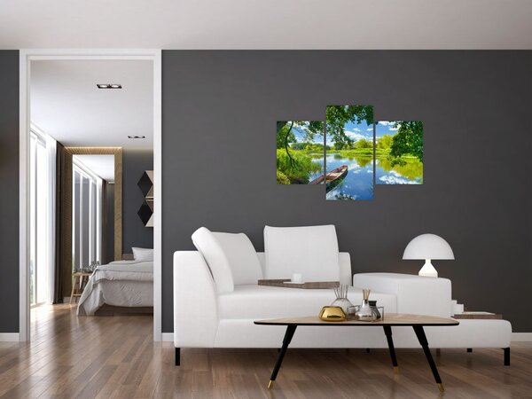 Tablou cu râu de vară și barcă (90x60 cm)