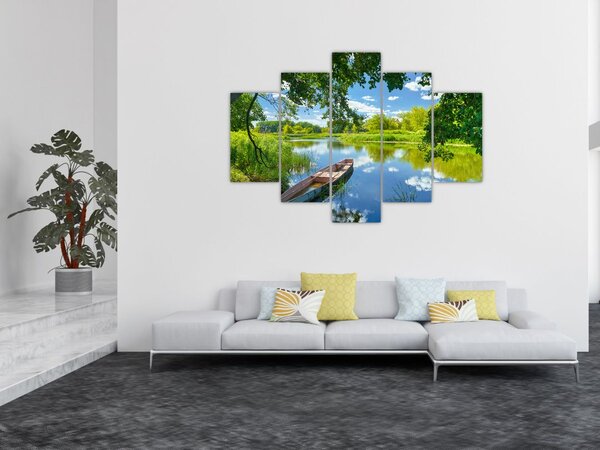 Tablou cu râu de vară și barcă (150x105 cm)