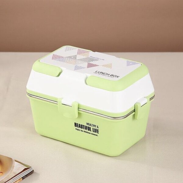 Lunch box Pufo cu 3 compartimente si vas interior din inox, etans, pentru mancare, pranz, scoala sau birou, verde