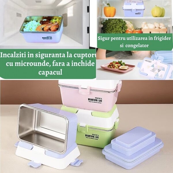 Lunch box Pufo cu 3 compartimente si vas interior din inox, etans, pentru mancare, pranz, scoala sau birou, albastru