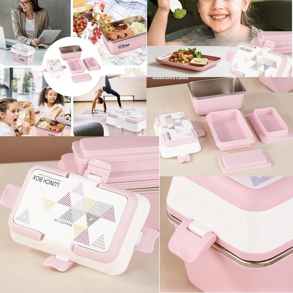 Lunch box Pufo cu 3 compartimente si vas interior din inox, etans, pentru mancare, pranz, scoala sau birou, roz