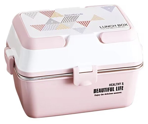 Lunch box Pufo cu 3 compartimente si vas interior din inox, etans, pentru mancare, pranz, scoala sau birou, roz