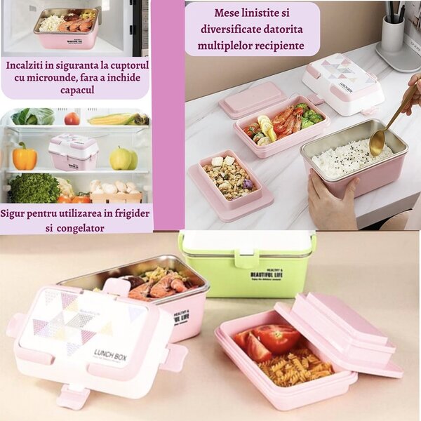 Lunch box Pufo cu 3 compartimente si vas interior din inox, etans, pentru mancare, pranz, scoala sau birou, roz