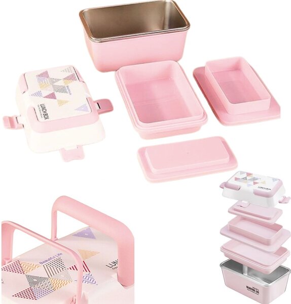 Lunch box Pufo cu 3 compartimente si vas interior din inox, etans, pentru mancare, pranz, scoala sau birou, roz