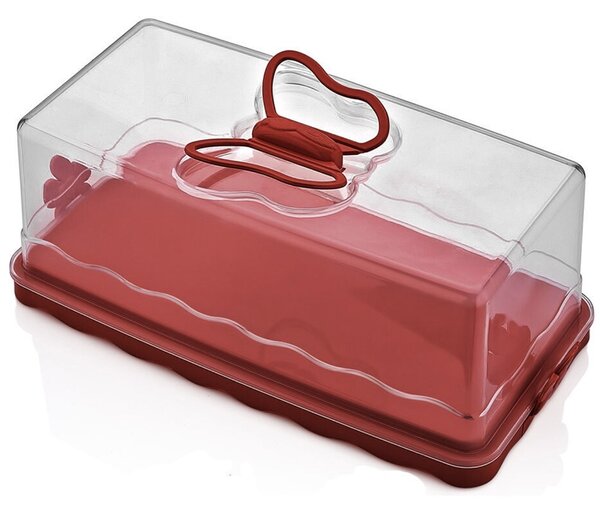 Platou Pufo Cookies cu capac transparent pentru servire torturi, prajituri, briose, produse de patiserie, 30 cm, rosu