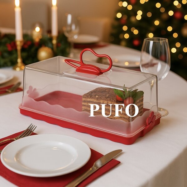 Platou Pufo Cookies cu capac transparent pentru servire torturi, prajituri, briose, produse de patiserie, 30 cm, rosu
