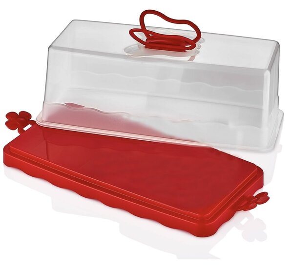 Platou Pufo Cookies cu capac transparent pentru servire torturi, prajituri, briose, produse de patiserie, 30 cm, rosu