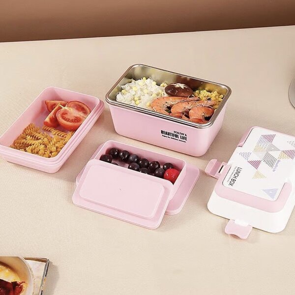 Lunch box Pufo cu 3 compartimente si vas interior din inox, etans, pentru mancare, pranz, scoala sau birou, roz