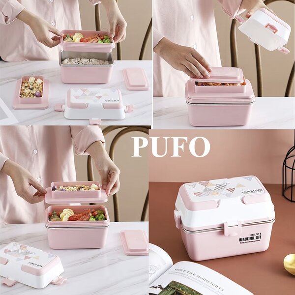 Lunch box Pufo cu 3 compartimente si vas interior din inox, etans, pentru mancare, pranz, scoala sau birou, roz