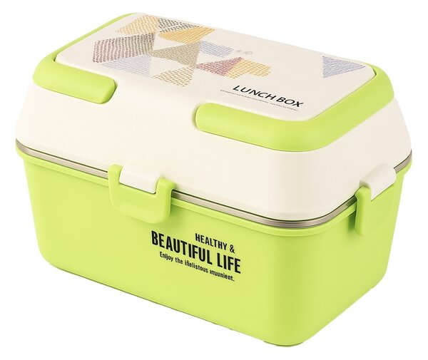 Lunch box Pufo cu 3 compartimente si vas interior din inox, etans, pentru mancare, pranz, scoala sau birou, verde