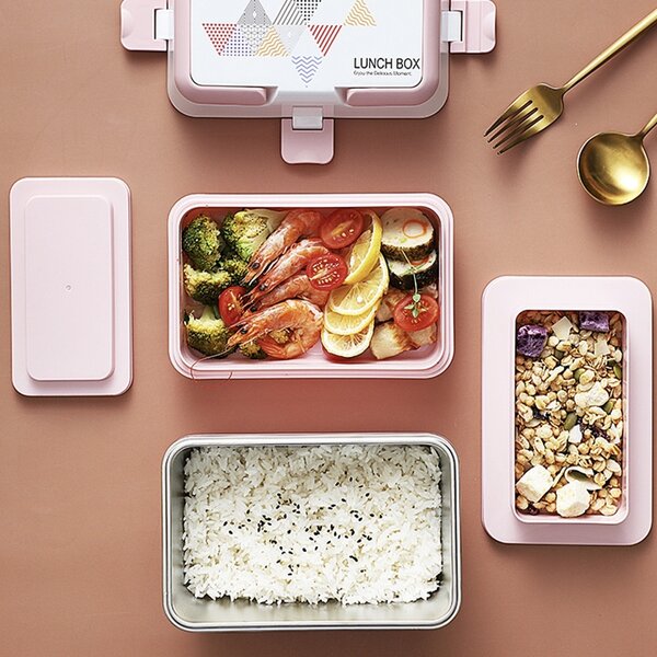 Lunch box Pufo cu 3 compartimente si vas interior din inox, etans, pentru mancare, pranz, scoala sau birou, roz