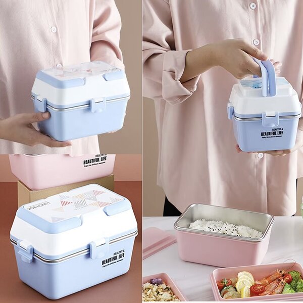 Lunch box Pufo cu 3 compartimente si vas interior din inox, etans, pentru mancare, pranz, scoala sau birou, albastru