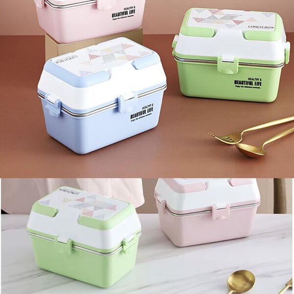 Lunch box Pufo cu 3 compartimente si vas interior din inox, etans, pentru mancare, pranz, scoala sau birou, verde
