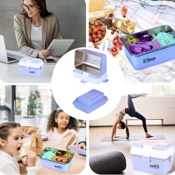 Lunch box Pufo cu 3 compartimente si vas interior din inox, etans, pentru mancare, pranz, scoala sau birou, albastru