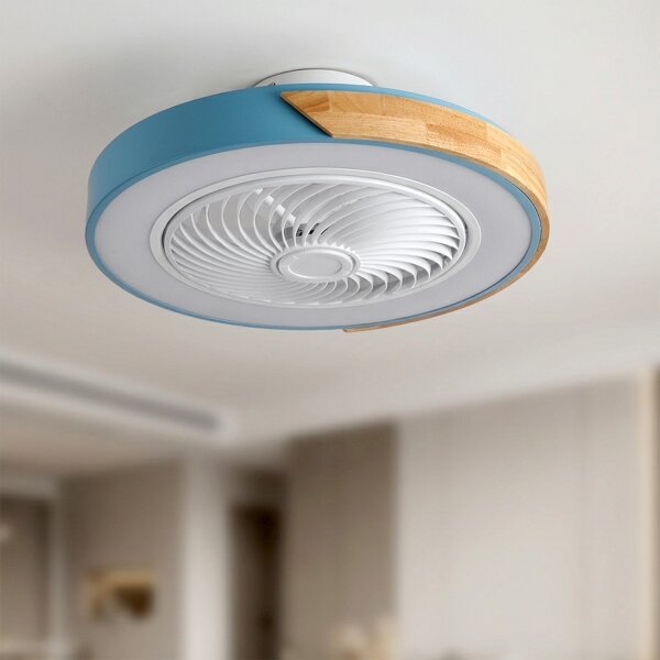 Brilagi - Lampă LED dimabilă cu ventilator, 38 W, 230 V, 50 cm, albastru/stejar + telecomandă