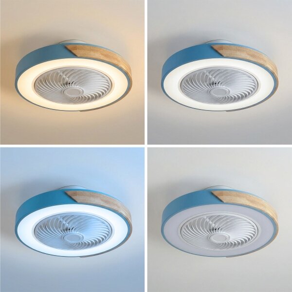 Brilagi - Lampă LED dimabilă cu ventilator, 38 W, 230 V, 50 cm, albastru/stejar + telecomandă