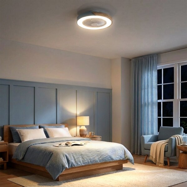 Brilagi - Lampă LED dimabilă cu ventilator, 38 W, 230 V, 50 cm, albastru/stejar + telecomandă