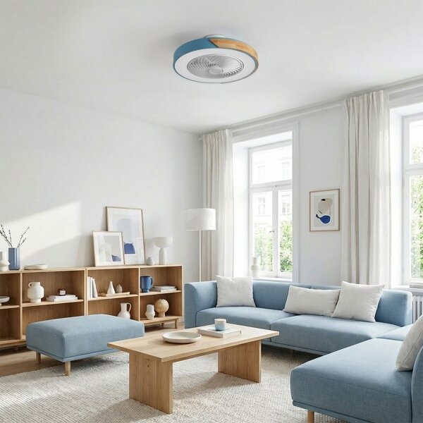 Brilagi - Lampă LED dimabilă cu ventilator, 38 W, 230 V, 50 cm, albastru/stejar + telecomandă