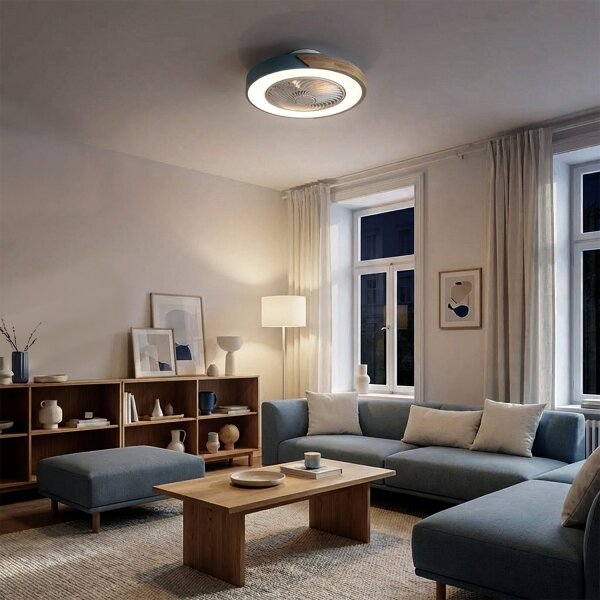 Brilagi - Lampă LED dimabilă cu ventilator, 38 W, 230 V, 50 cm, albastru/stejar + telecomandă