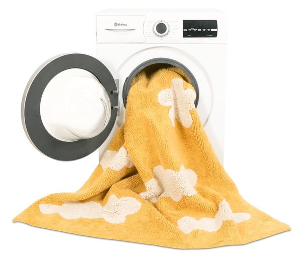 Covor pentru copii galben muștar lavabil/țesut manual din bumbac 120x160 cm Clouds Mustard – Lorena Canals