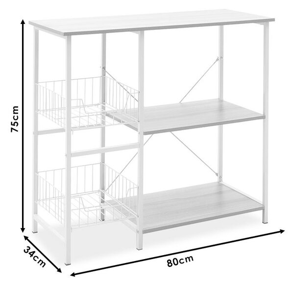 Raft pentru bucatarie cu polițe si cosuri Model Kenia, Artar/Alb, 80x34x75 cm