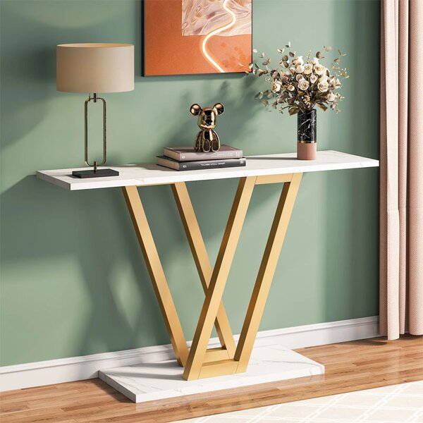 Consola Model Wirmo, Alb marmorat/Auriu, 110x30x80 cm