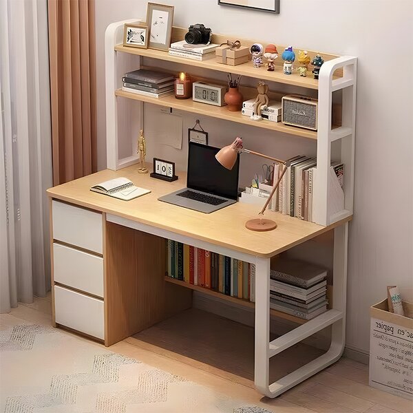 Birou cu Biblioteca Pako World, model Soco, 120x144x50 cm, Natural/Alb