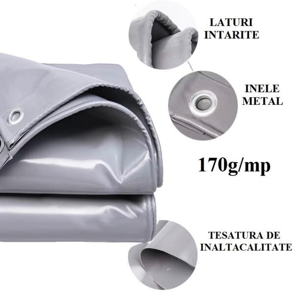 Prelata gri cu inele, impermeabila, rezistenta UV, 150g/mp