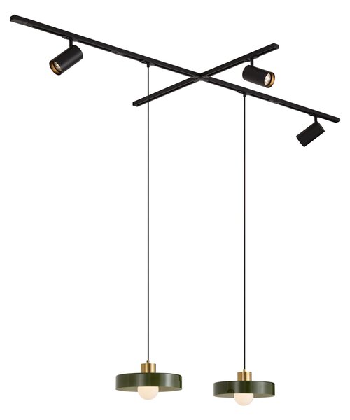 Sistem de șine modern negru cu 2 pendule verzi și 3 spoturi monofazate - Iconic Jeana Luxe Jina