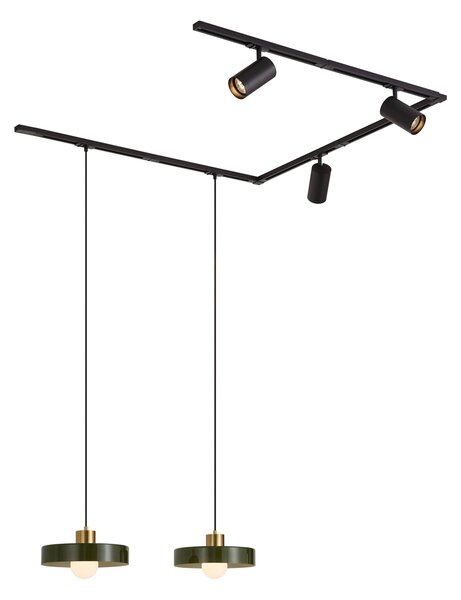 Sistem de șine modern negru cu 2 pendule verzi și 3 spoturi monofazate - Iconic Jeana Luxe Jina
