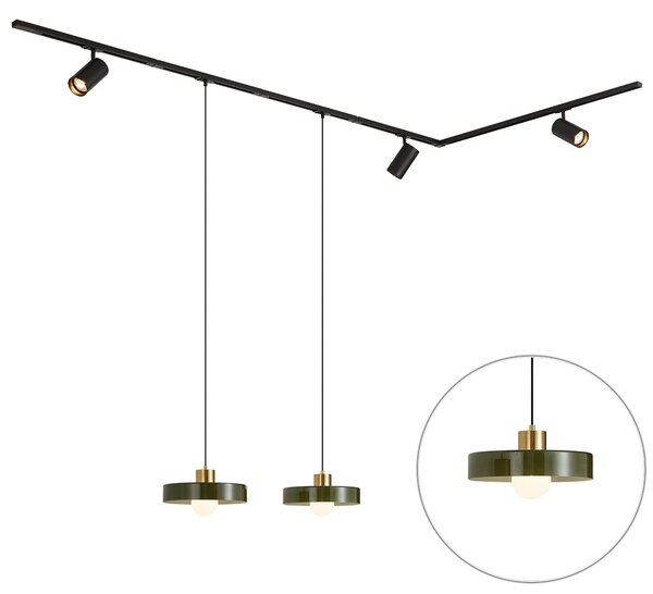 Sistem de șine modern negru cu 2 pendule verzi și 3 spoturi monofazate - Iconic Jeana Luxe Jina