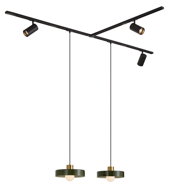 Sistem de șine modern negru cu 2 pendule verzi și 3 spoturi monofazate - Iconic Jeana Luxe Jina