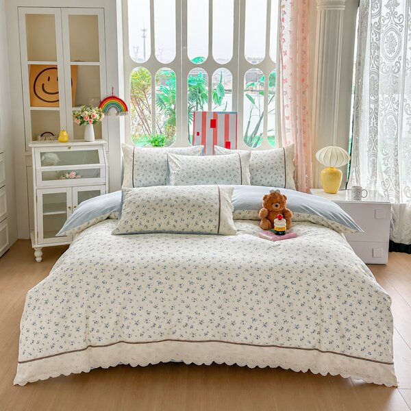 Lenjerie de pat bumbac 100%, 4 piese, model flori albastre, BCP414
