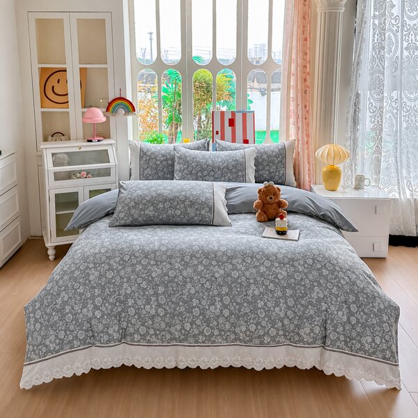 Lenjerie de pat bumbac 100%, 4 piese, model floral gri, BCP411