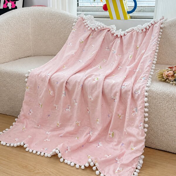 Patura copii bumbac 100%, roz cu ponei,100x150 cm