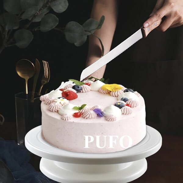 Platou decorativ rotativ Pufo Cake pentru prezentare si decorare tort, 28 cm, alb