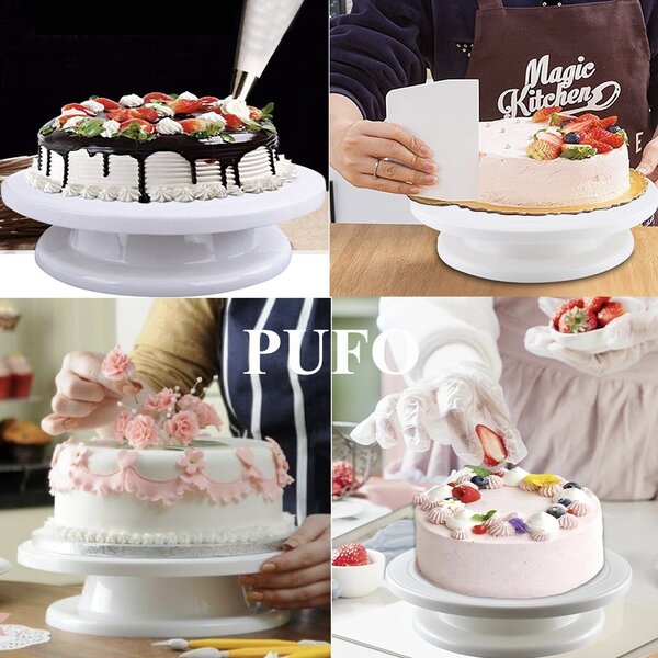 Platou decorativ rotativ Pufo Cake pentru prezentare si decorare tort, 28 cm, alb