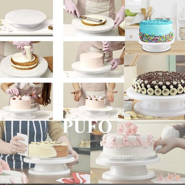 Platou decorativ rotativ Pufo Cake pentru prezentare si decorare tort, 28 cm, alb