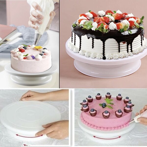 Platou decorativ rotativ Pufo Cake pentru prezentare si decorare tort, 28 cm, alb