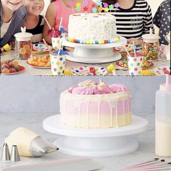 Platou decorativ rotativ Pufo Cake pentru prezentare si decorare tort, 28 cm, alb