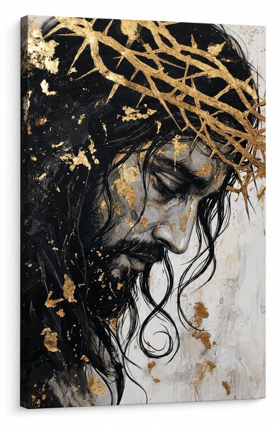 Tablou cu portretul lui Iisus Hristos cu coroană de spini – detalii pictate manual - 40x60 cm