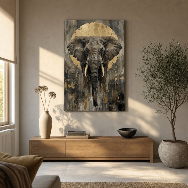 Tablou cu elefant african și detalii aurii – pictat manual pe pânză - 40x60 cm
