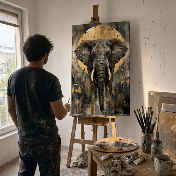 Tablou cu elefant african și detalii aurii – pictat manual pe pânză - 40x60 cm
