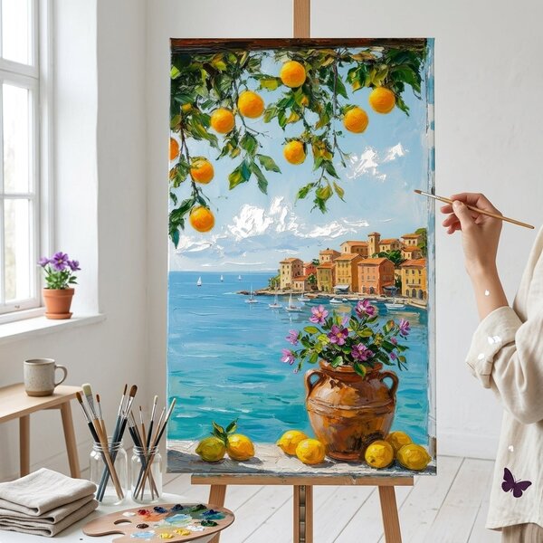 Tablou cu vedere la coasta mediteraneană cu lămâi pe pânză – cu detalii pictate manual - 40x60 cm
